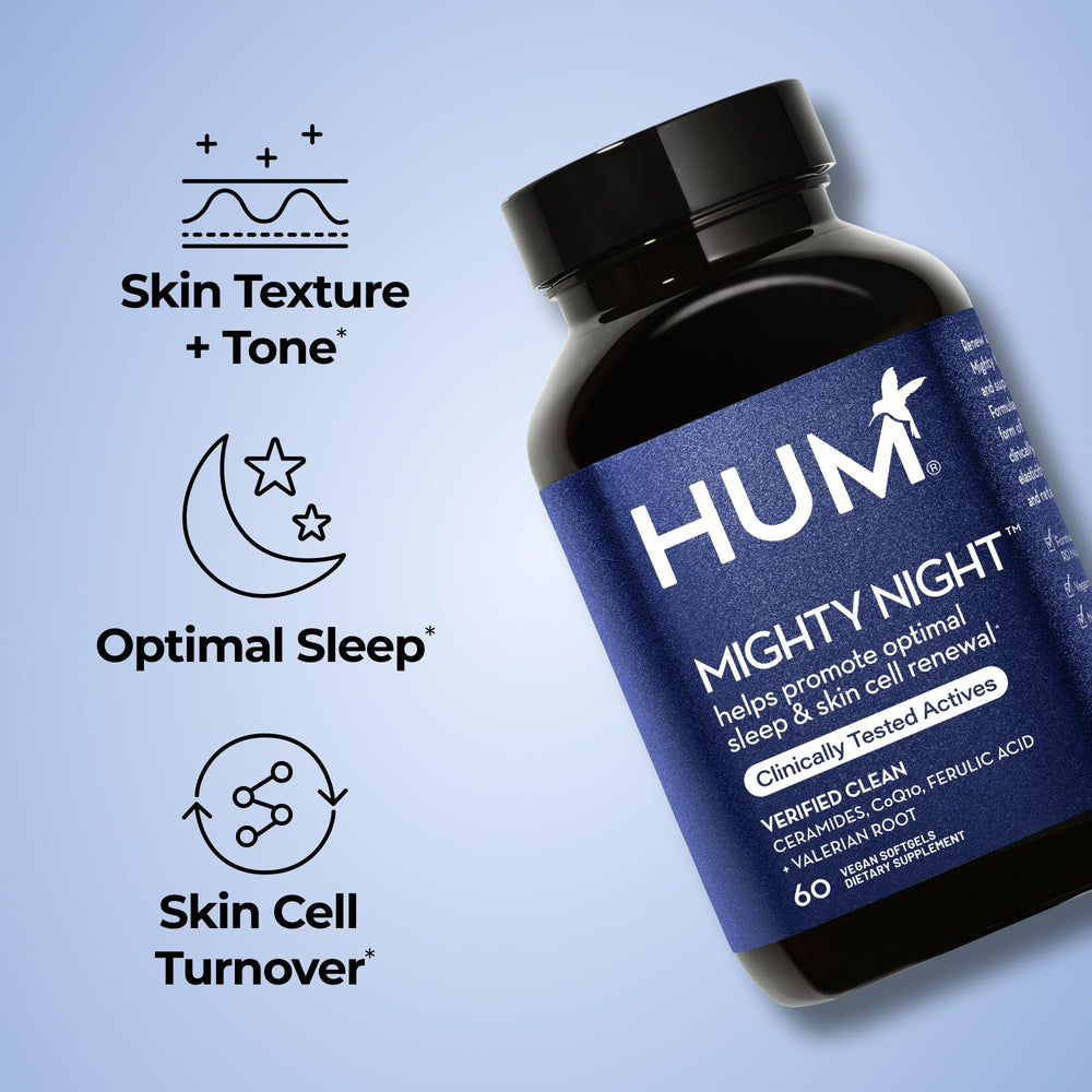 Hum Mighty Night softgels closeup highlighting vegan capsules for skin support.