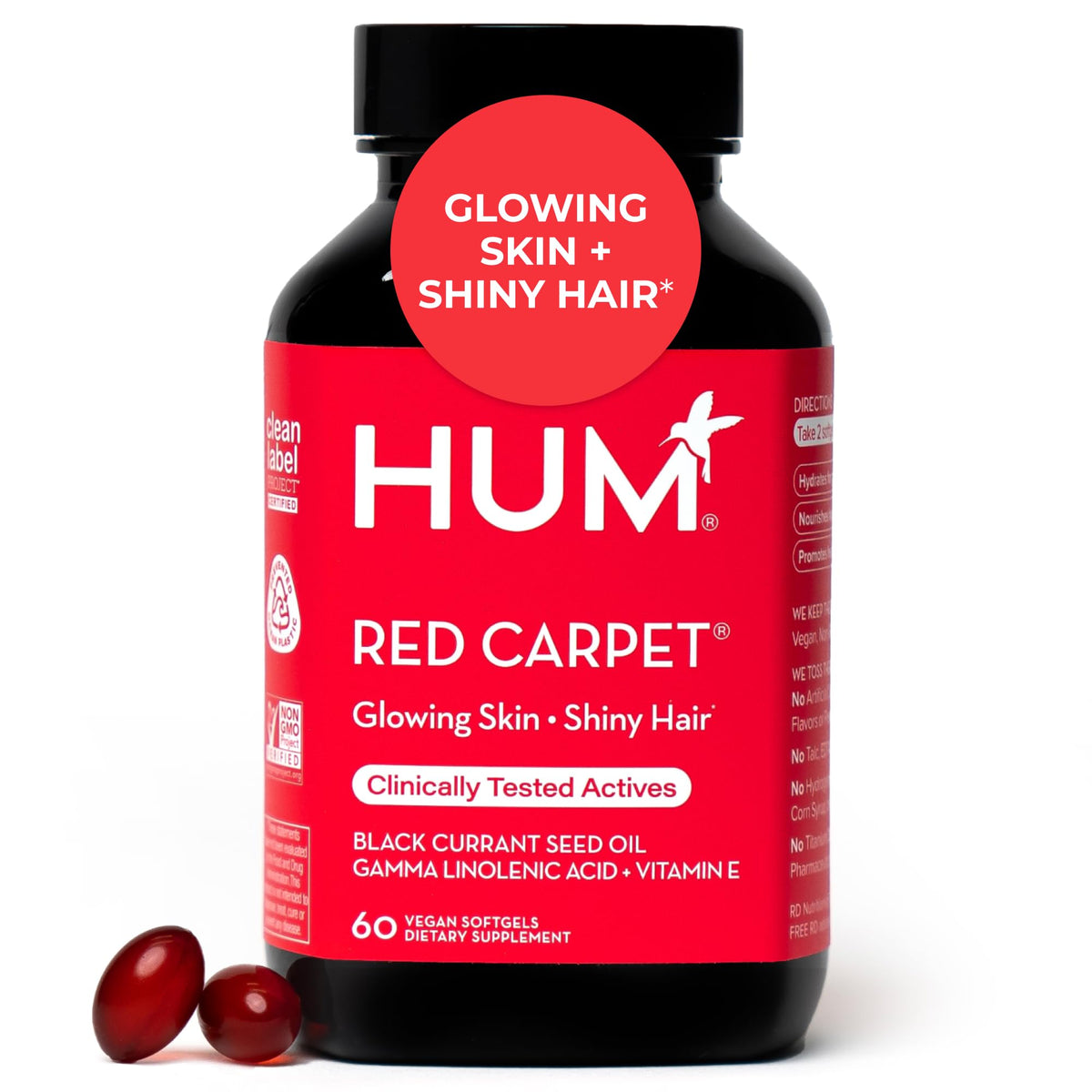 HUM Red Carpet Skin & Hair Vitamins bottle on white background