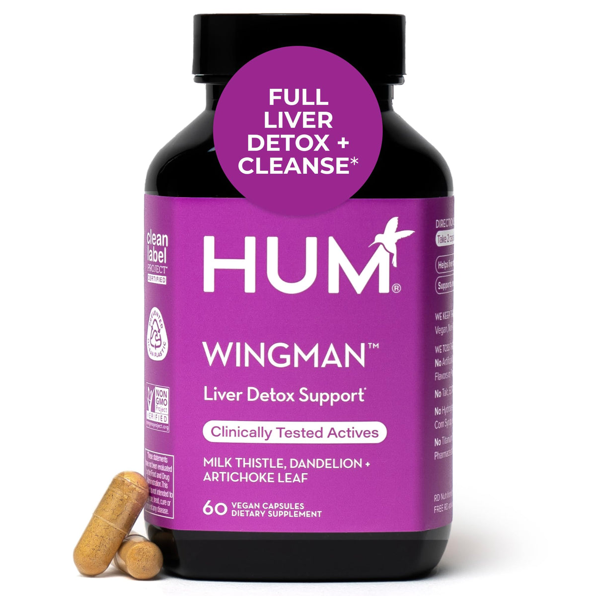 Bottle of HUM Wing Man Liver Support Supplement against a white background