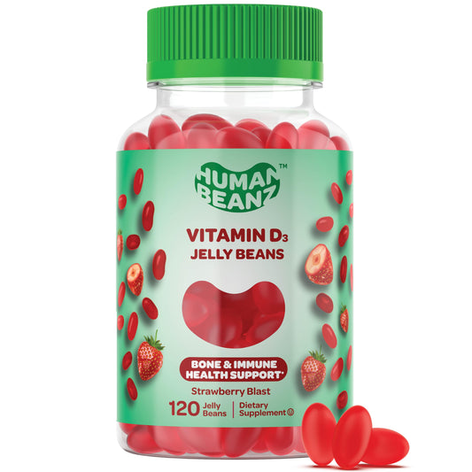 Front view of a bottle of Human Beanz Vitamin D3 Jelly Beans in Strawberry Blast