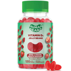 Front view of a bottle of Human Beanz Vitamin D3 Jelly Beans in Strawberry Blast