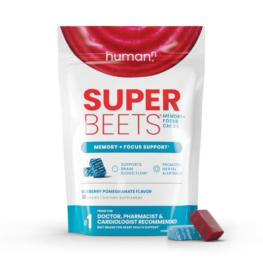 Front view of HumanN SuperBeets Brain Chews in Blueberry Pomegranate flavor