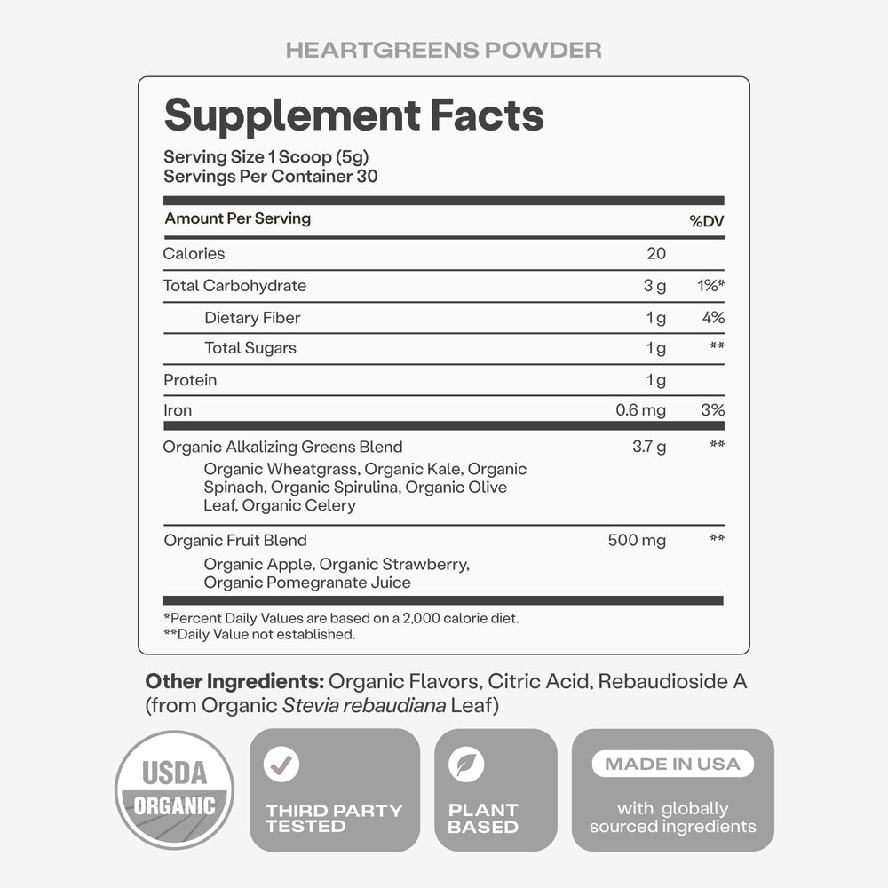 HumanN HeartGreens canister beside apples and berries demonstrating flavor sources and serving scale