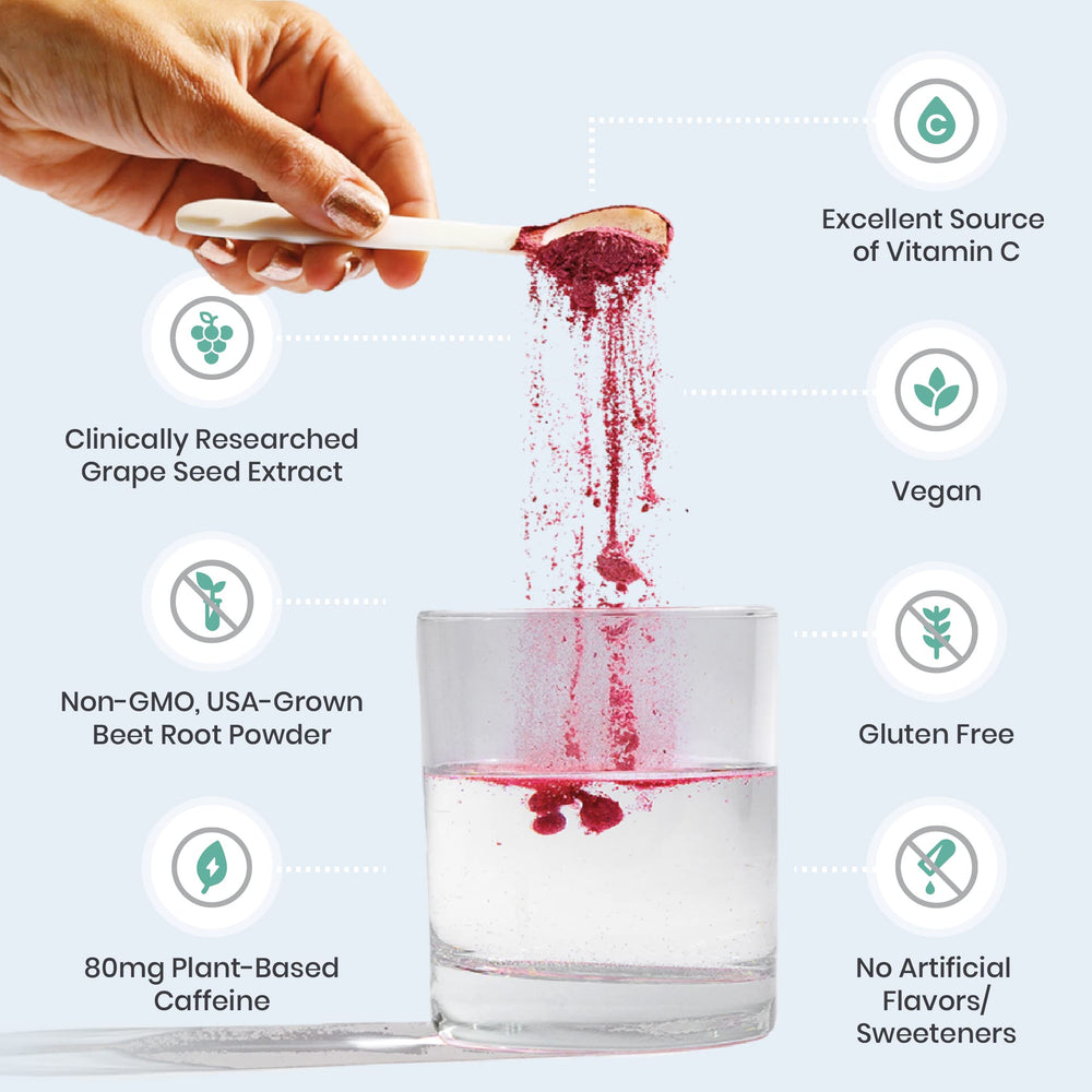 Humann SuperBeets Energy Plus berry flavored powder ready to mix with water.
