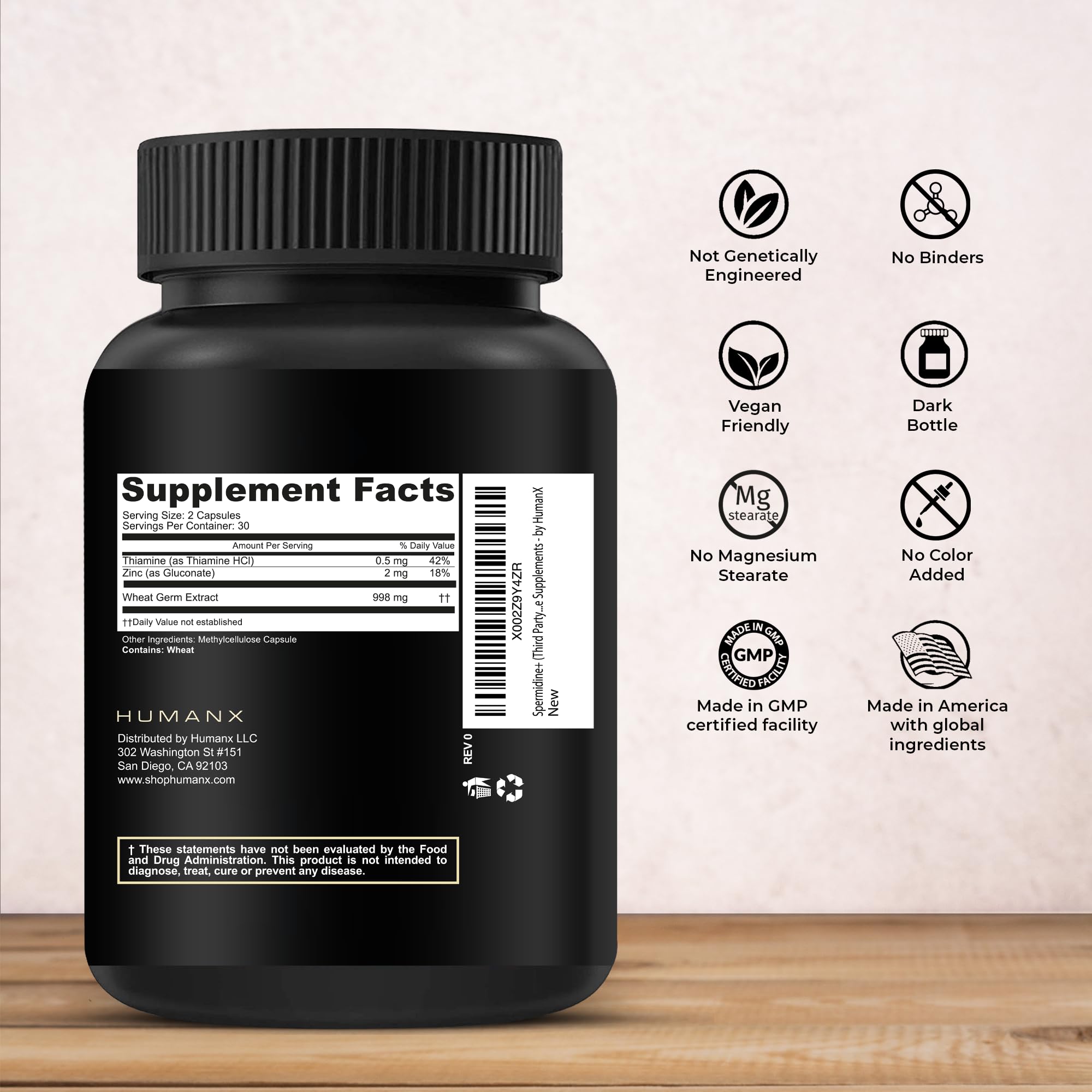 Close-up of HumanX Spermidine+ capsules, easy daily use.