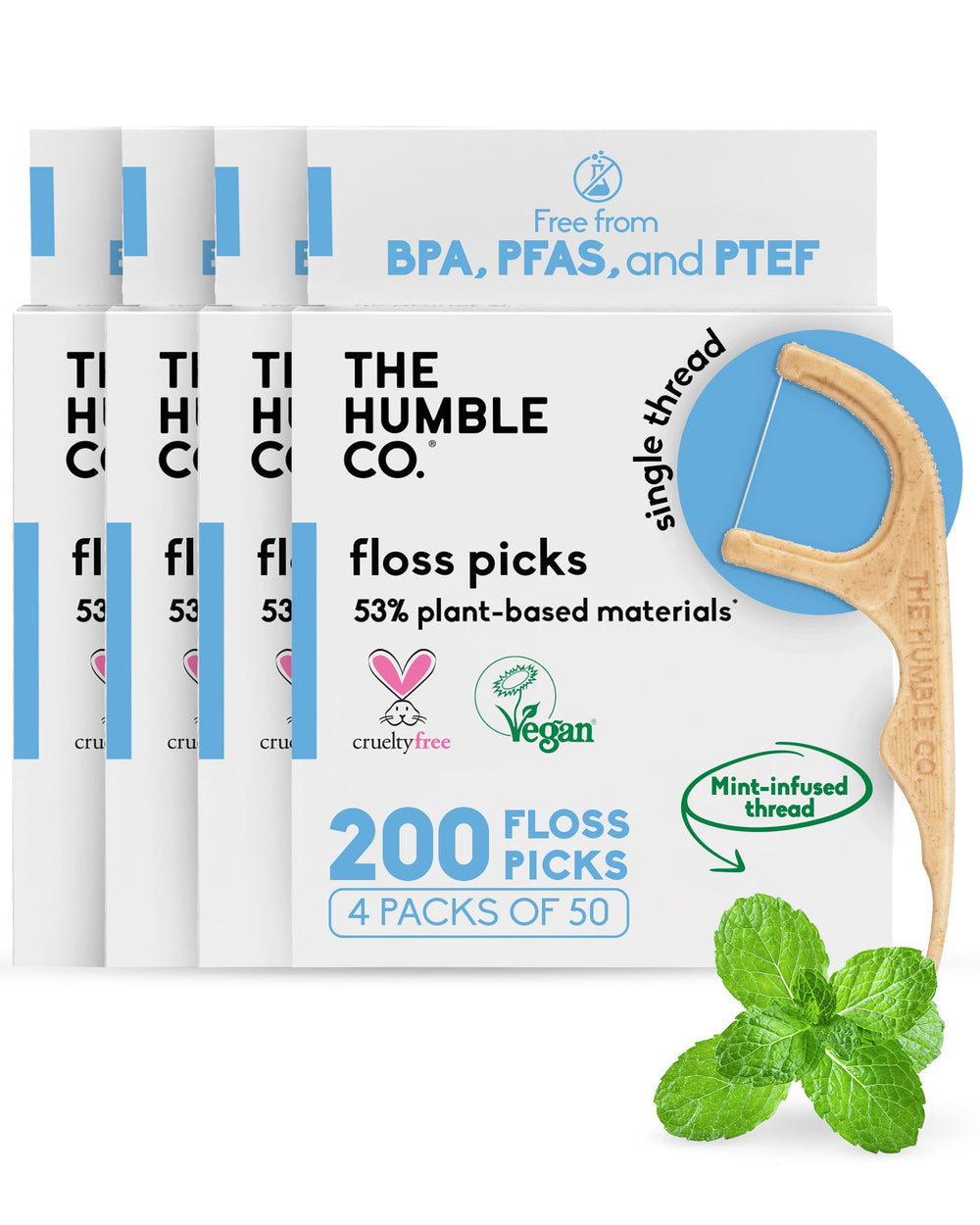 The Humble Co mint floss picks 200-count package front view