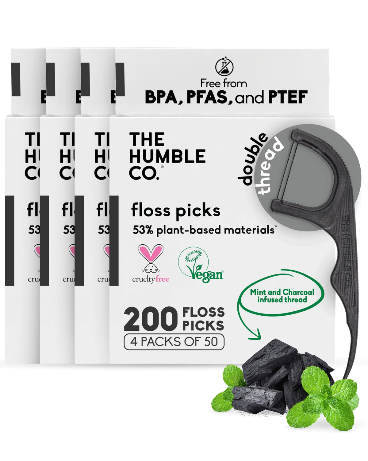 The Humble Co. floss picks 200-count charcoal and mint pack