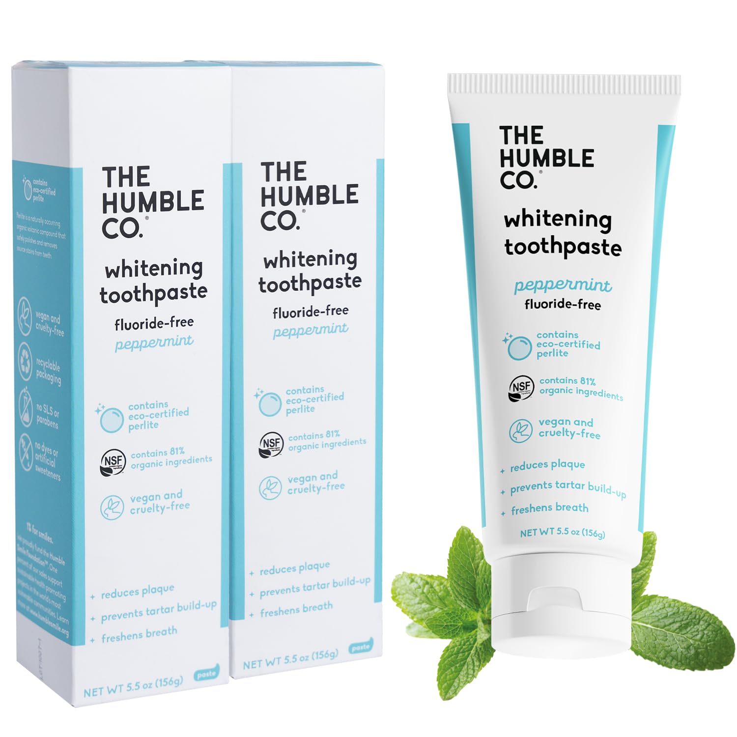 Front view of The Humble Co Fluoride-Free Teeth Whitening Toothpaste Peppermint 2-pack