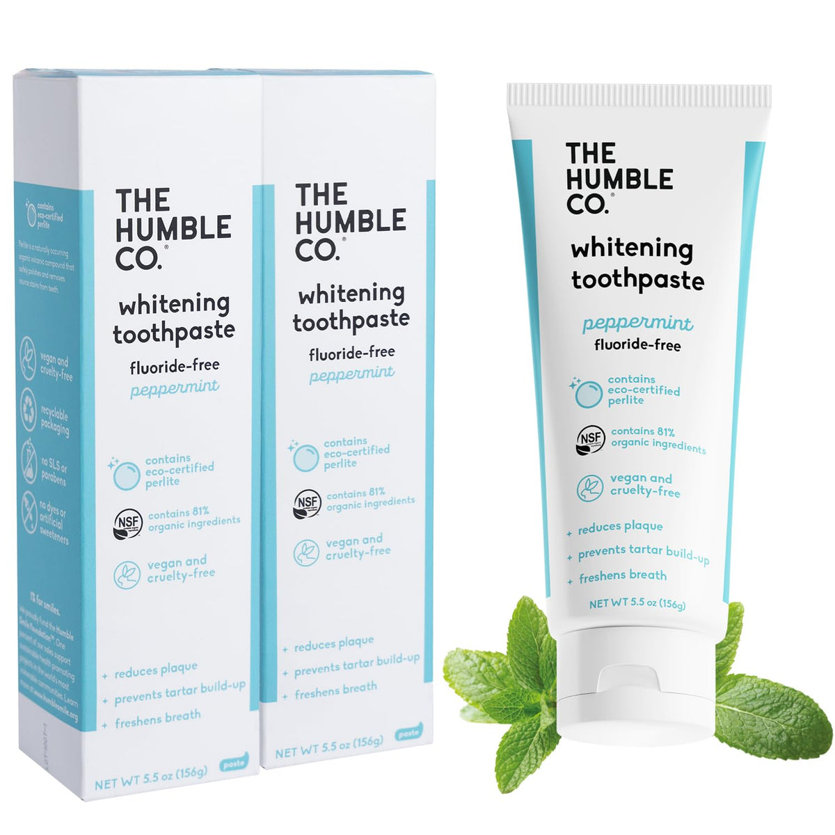 Front view of The Humble Co Fluoride-Free Teeth Whitening Toothpaste Peppermint 2-pack