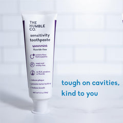 Close-up of The Humble Co Fluoride-Free Spearmint toothpaste tubes