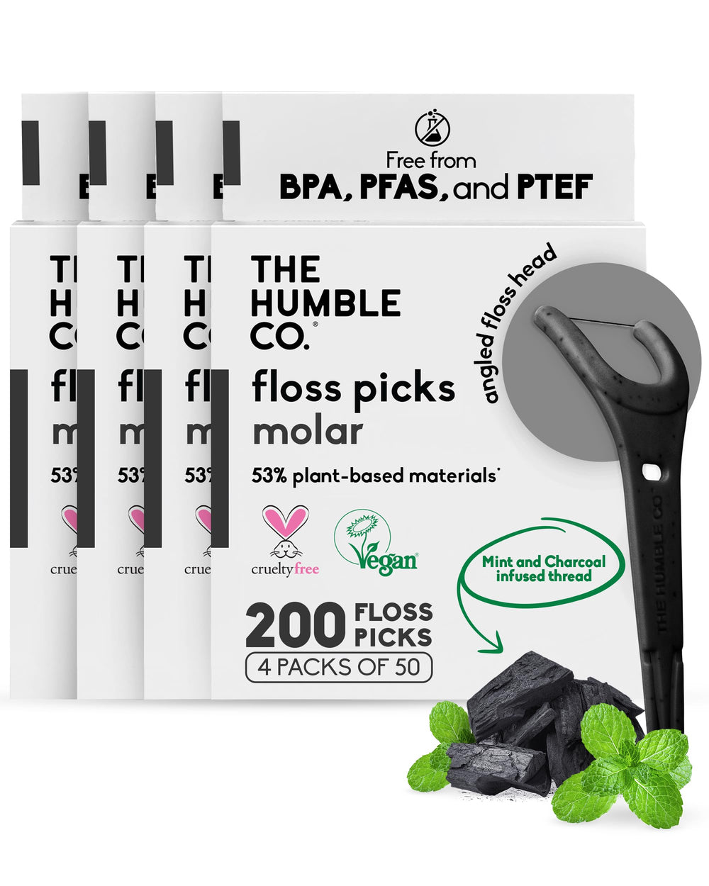 Close-up of charcoal angled molar floss picks