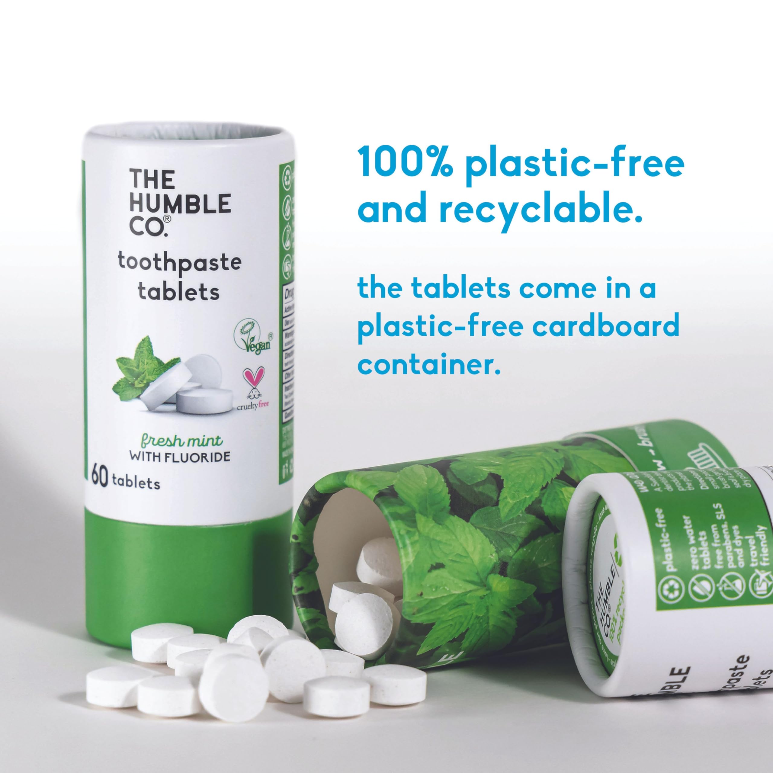 Plastic-free packaging for Humble Co toothpaste tabs