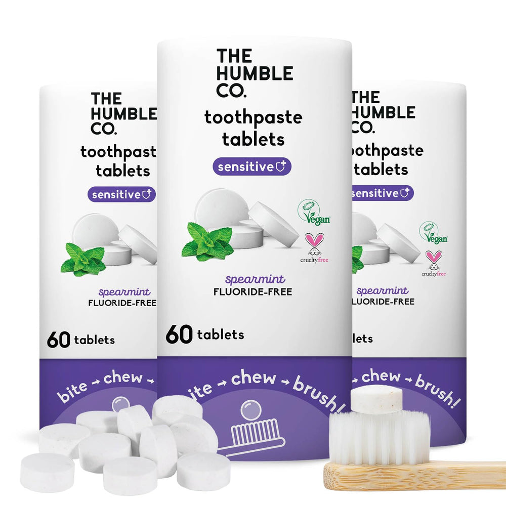 Packaging for The Humble Co Sensitive Chewable Toothpaste Tablets Spearmint in a plastic-free cardboard container