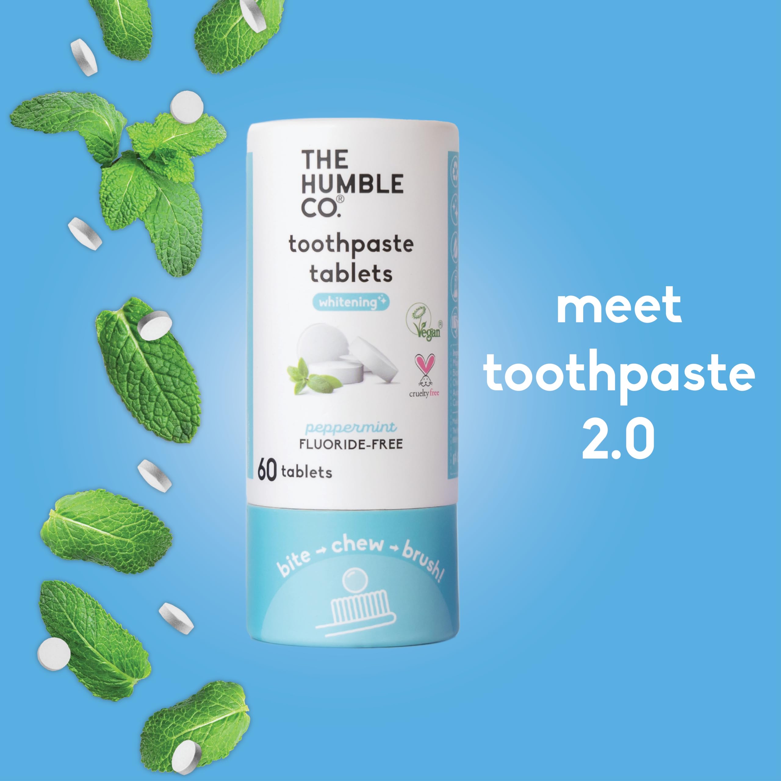 Close-up of peppermint toothpaste tablets by The Humble Co