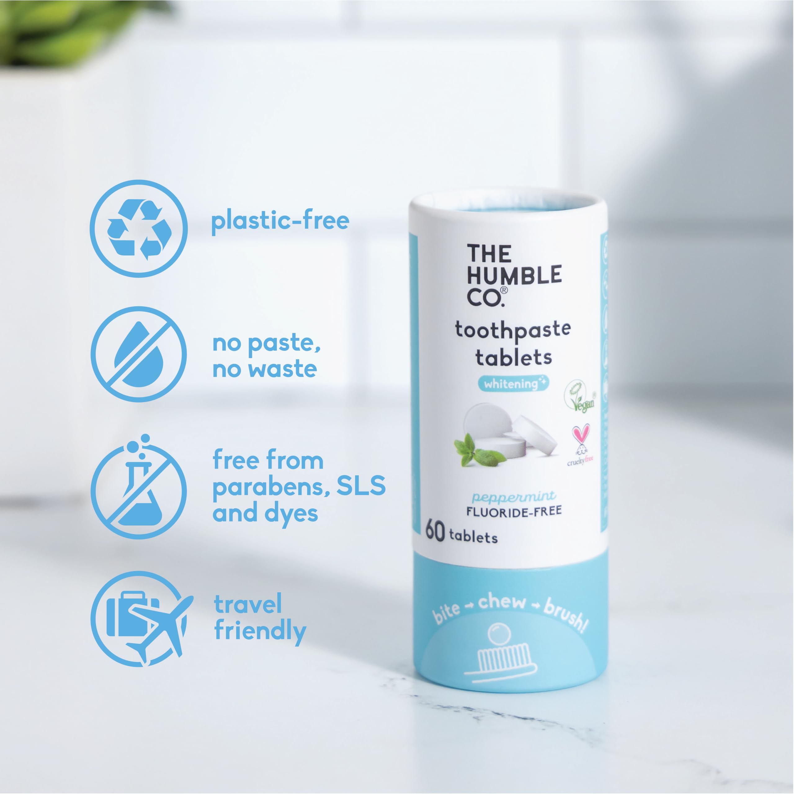 Plastic-free cardboard packaging for Humble Co toothpaste tabs