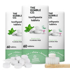 Front view of The Humble Co fluoride-free chewable toothpaste tablets mint flavor in packaging