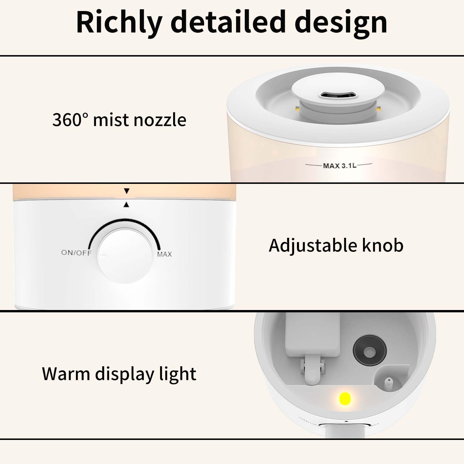 Ultrasonic cool mist humidifier 25W with 360-degree nozzle