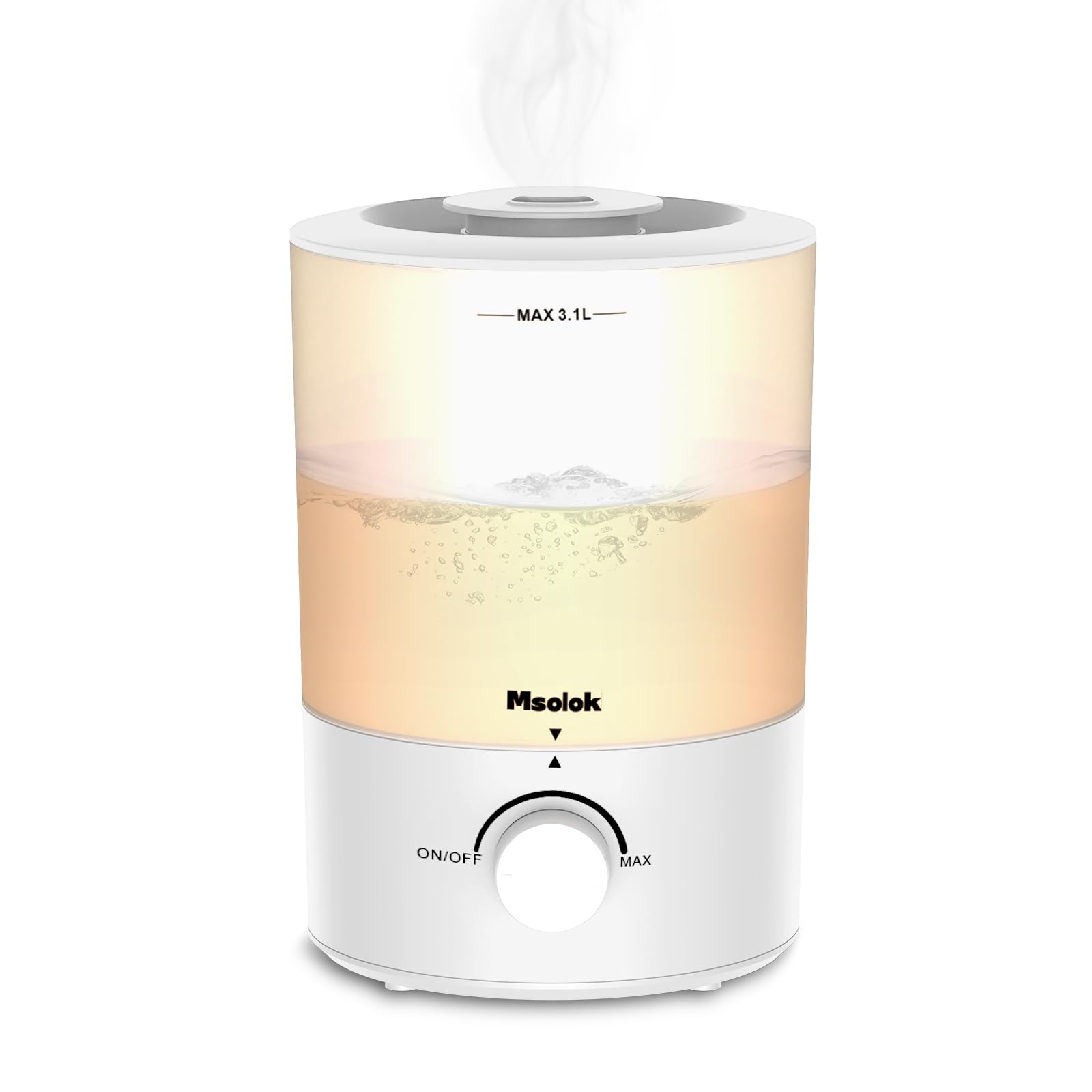 Bedroom humidifier with top-fill 3.1L tank and 360-degree nozzle