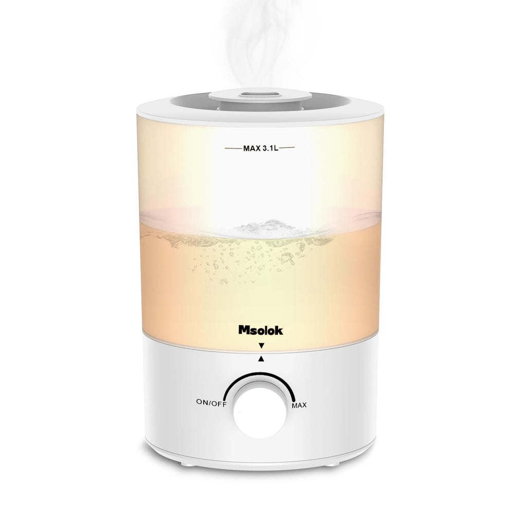 Bedroom humidifier with top-fill 3.1L tank and 360-degree nozzle