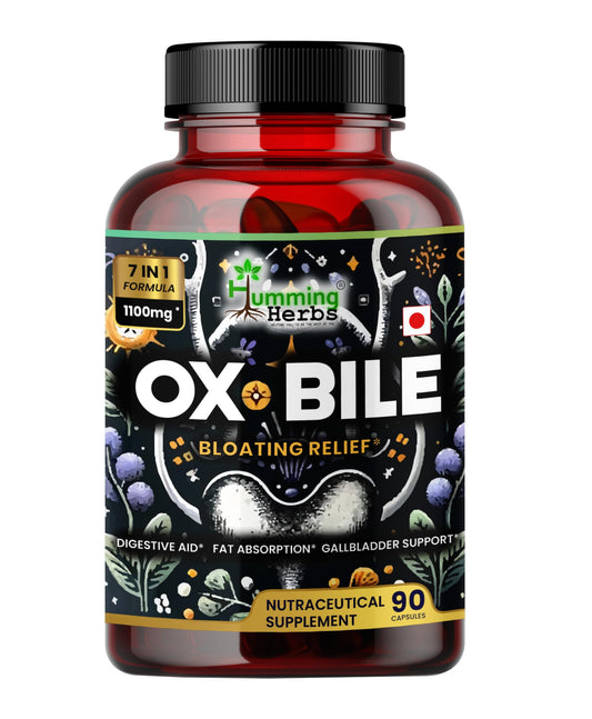 Humming Herbs Ox Bile bottle label with 90 vegetarian capsules