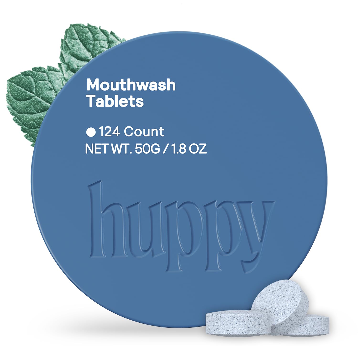 Huppy Mouthwash Tablets in a reusable tin with a cool mint flavor