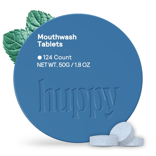 Huppy Mouthwash Tablets in a reusable tin with a cool mint flavor