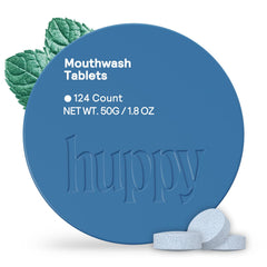 Huppy Mouthwash Tablets in a reusable tin with a cool mint flavor