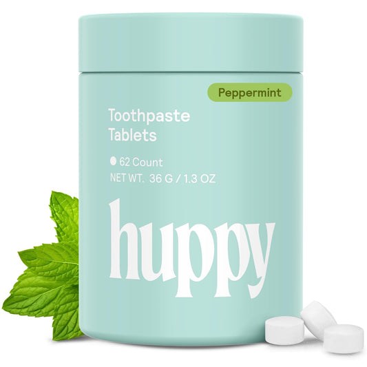 HUPPY toothpaste tablets in a reusable tin