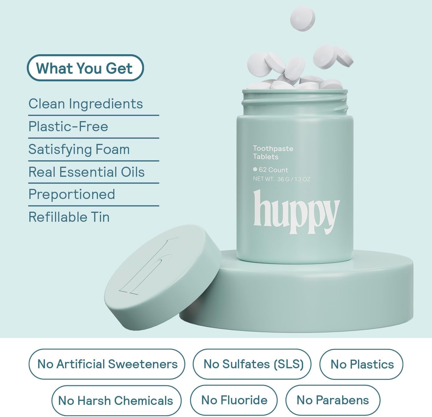 Fluoride-free claim on HUPPY toothpaste tablets packaging