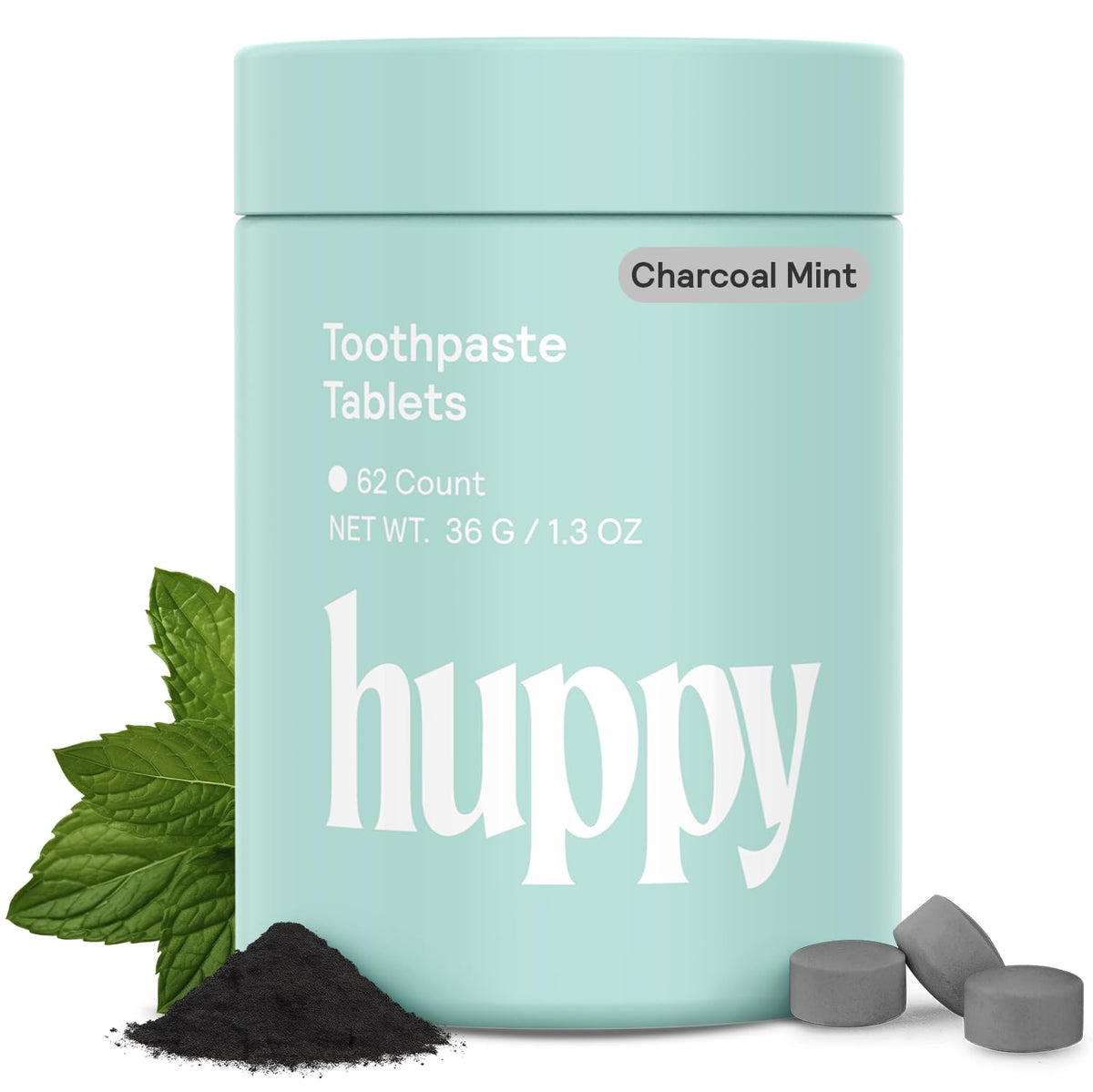 Front view of HUPPY Toothpaste Tablets in charcoal flavor, 62-count