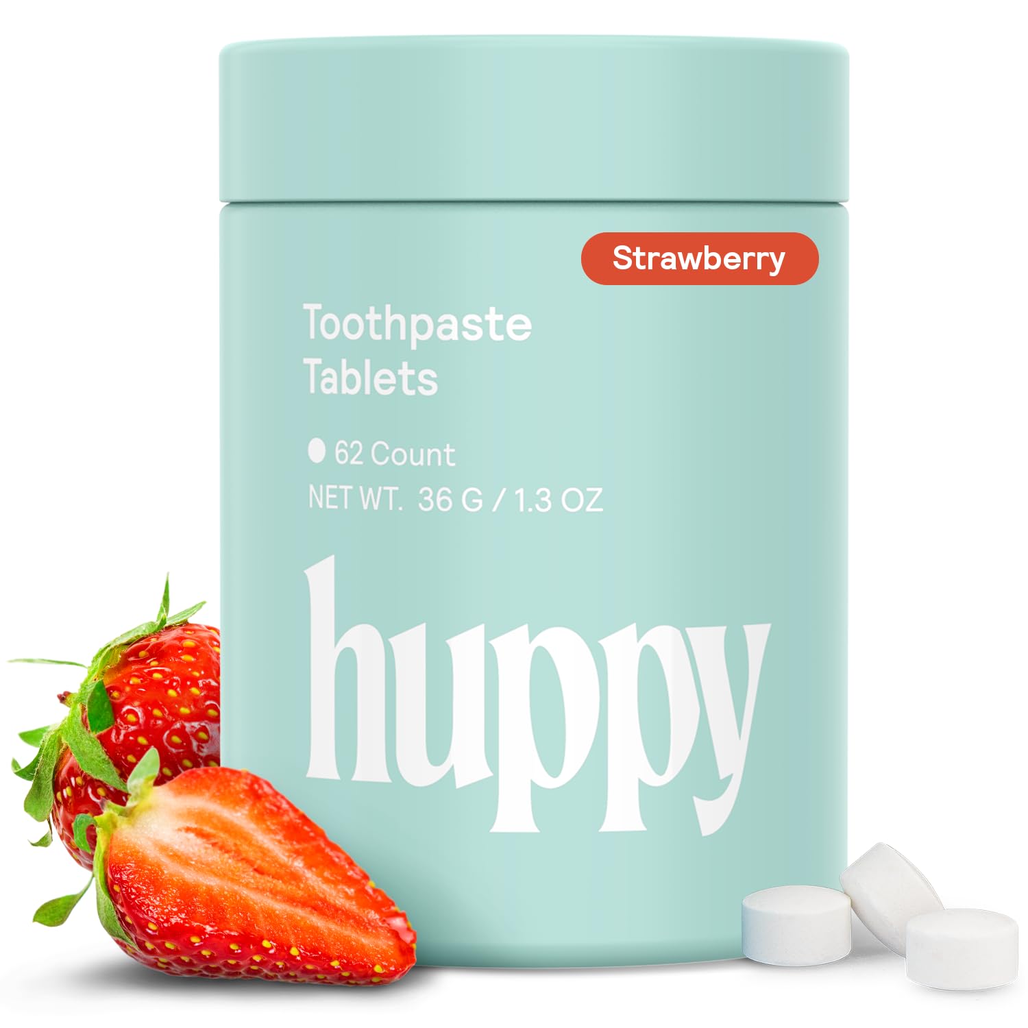 Front view of HUPPY toothpaste tablets in travel tin