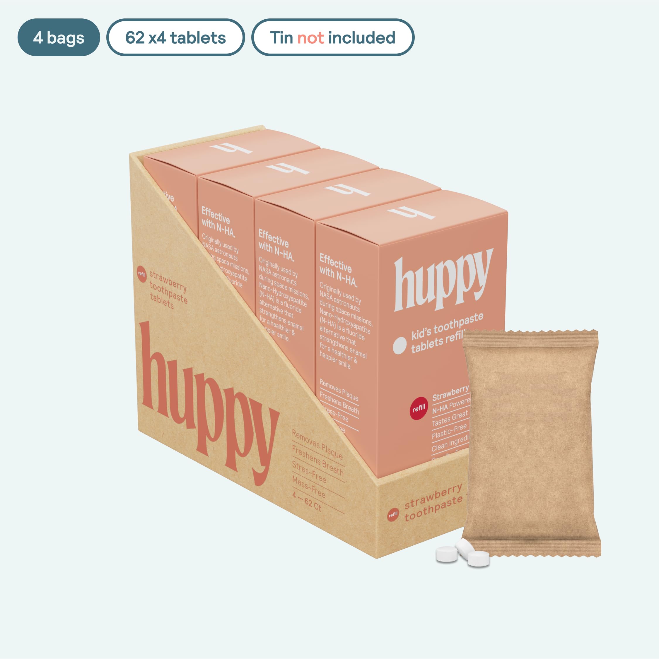 Close-up of Huppy nano hydroxyapatite toothpaste tablets