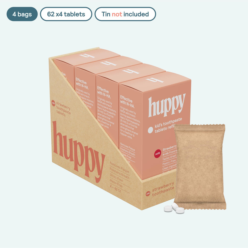 Close-up of Huppy nano hydroxyapatite toothpaste tablets
