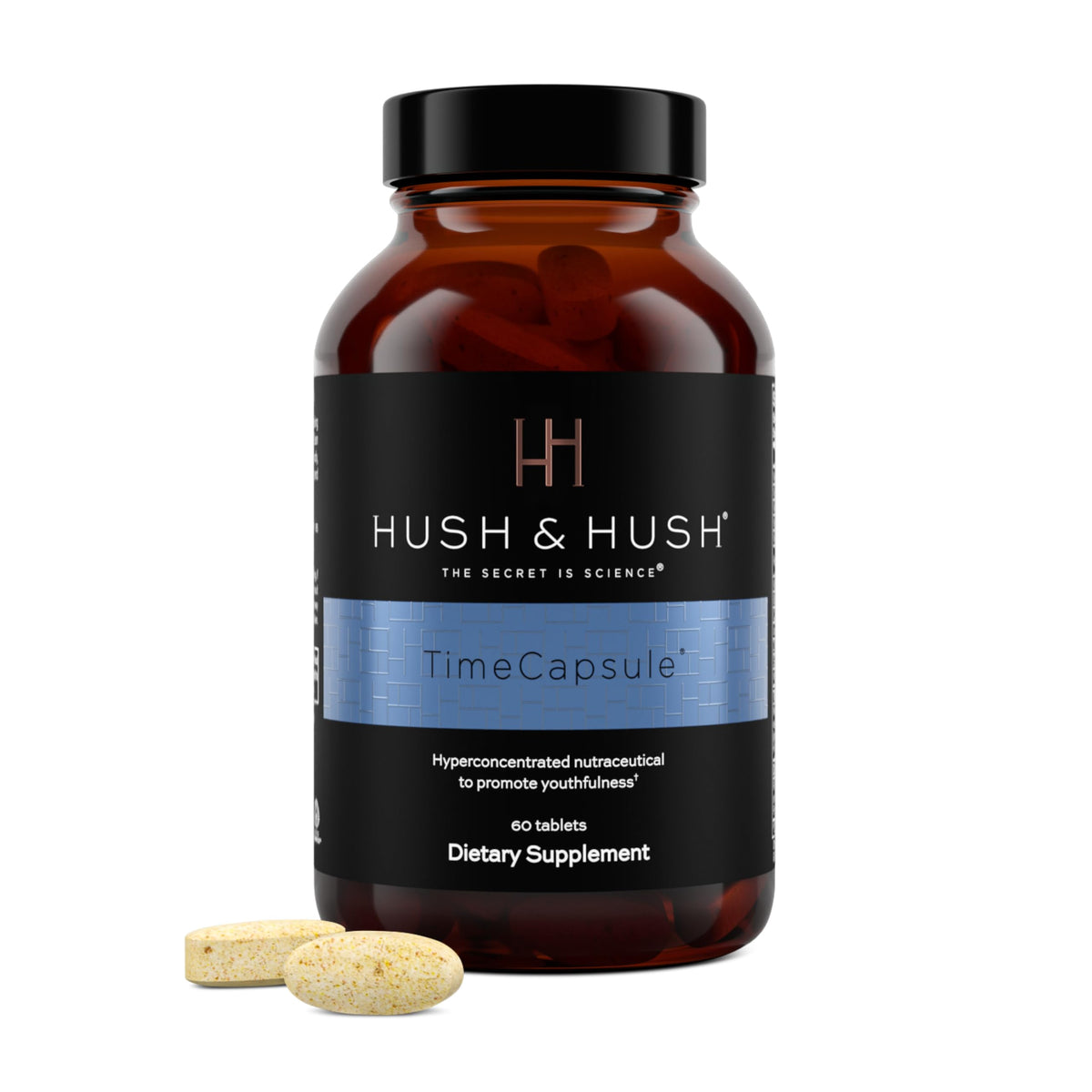 Front view of Hush & Hush TimeCapsule multivitamin bottle