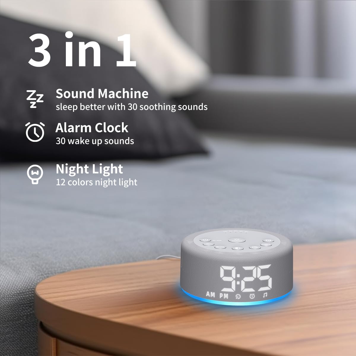 Hushing 12-color night light offers gentle ambience for dark rooms.