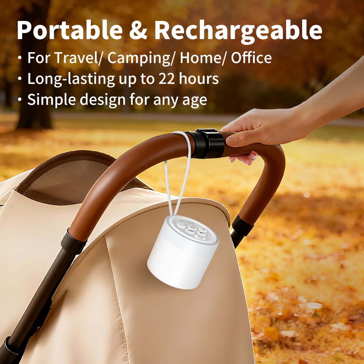 Hushing mini sound machine with rechargeable battery for travel and camping
