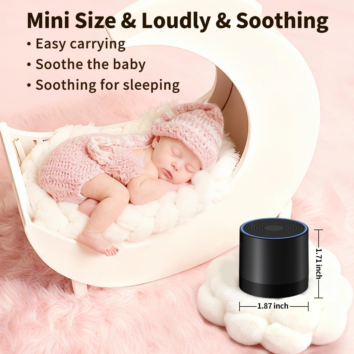Hushing portable mini white noise machine library image highlights 30 sounds for sleep and focus.