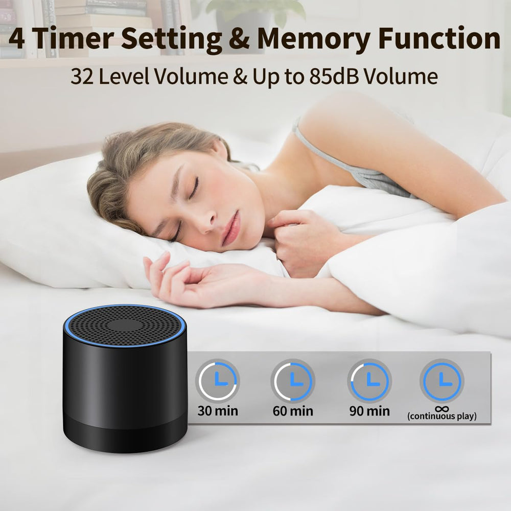 Hushing portable mini white noise machine timer settings image shows 4 timer options.