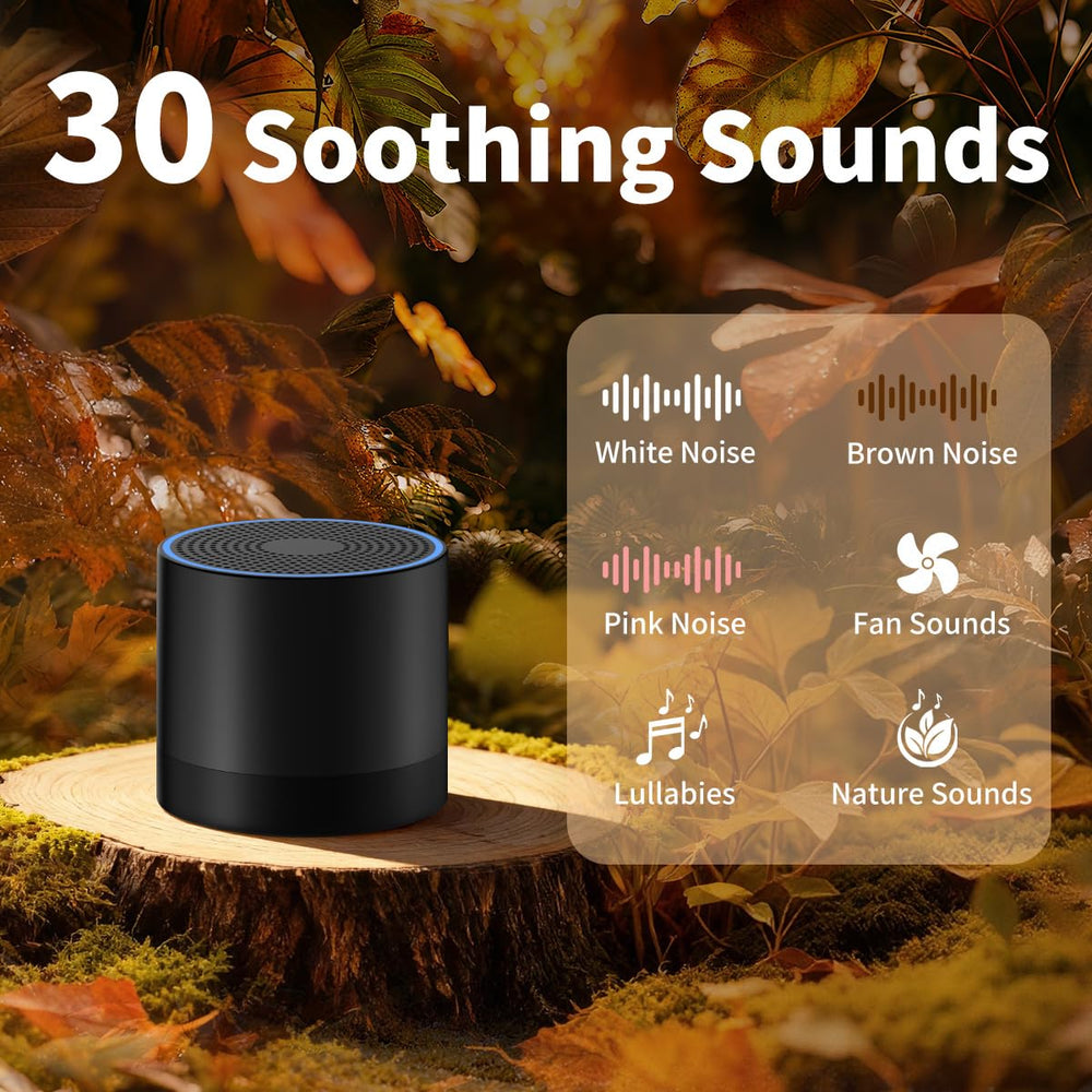 Hushing portable mini white noise machine in travel setup demonstrates easy packing for on-the-go sleep.