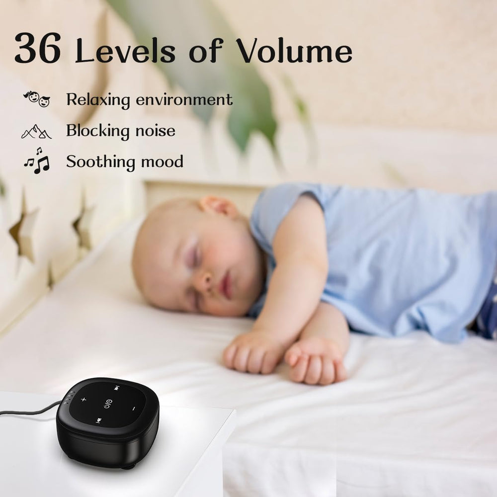 Hushing black-design sleep machine on nightstand for bedroom or nursery