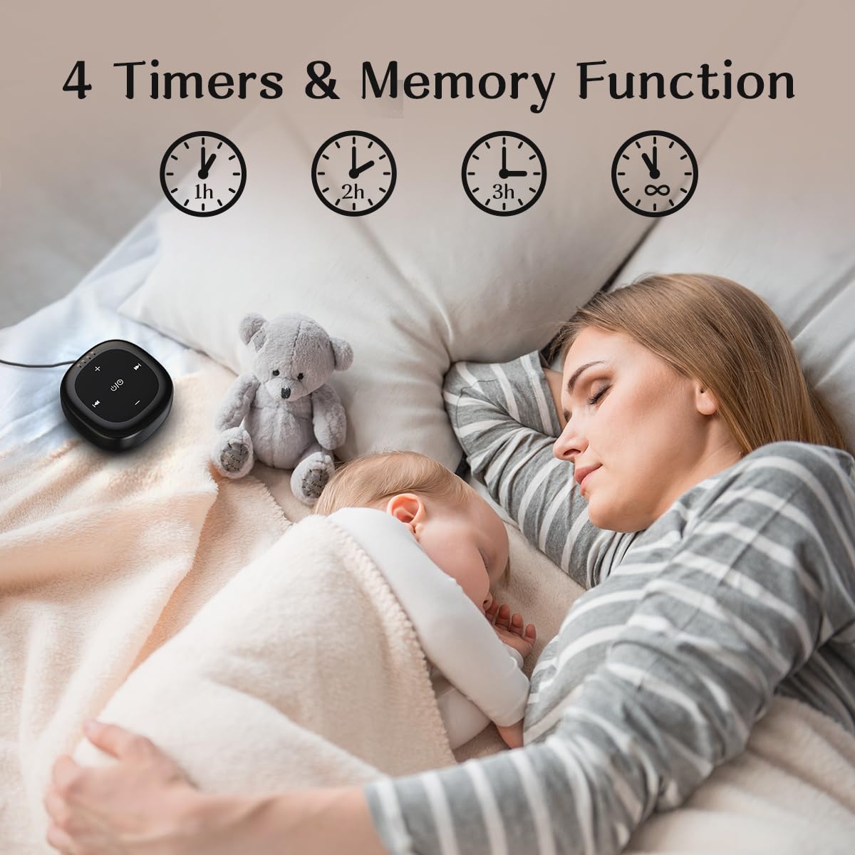 Hushing sound machine demonstrates four timers and memory function for sessions