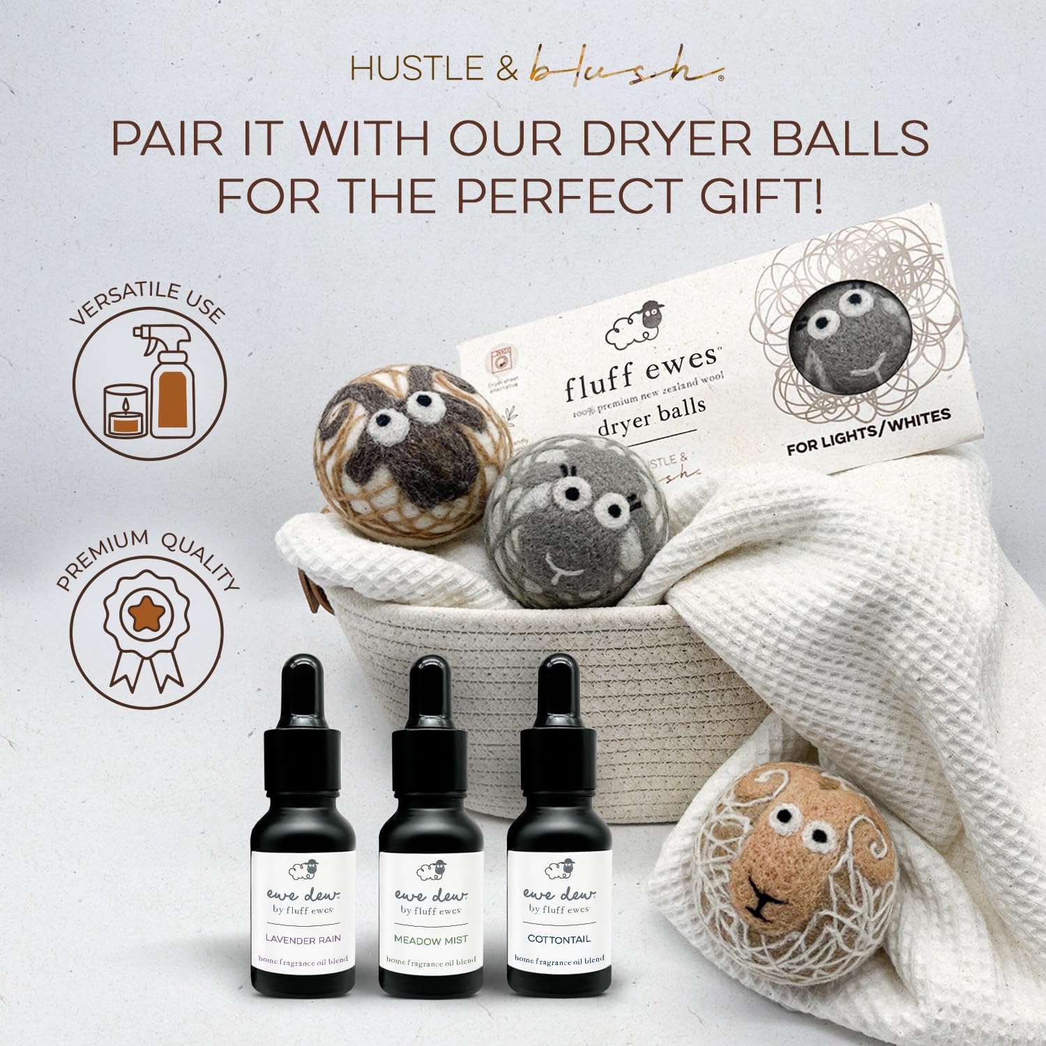Gift set concept with dryer balls and Lavender Rain essential oil