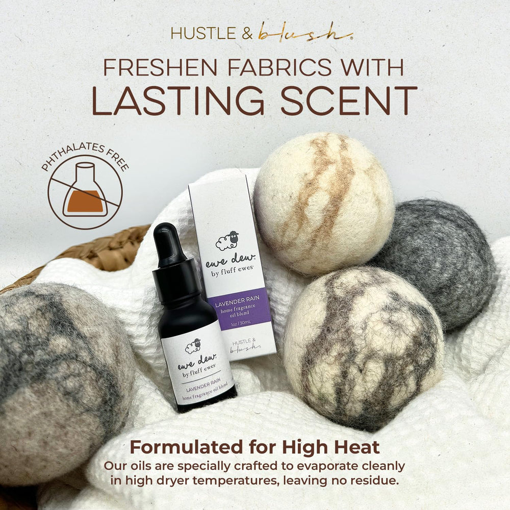 Wool dryer balls infused with Hustle & Blush essential oil blend