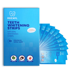 Huzayl Teeth Whitening Strips box and 28 strips laid out