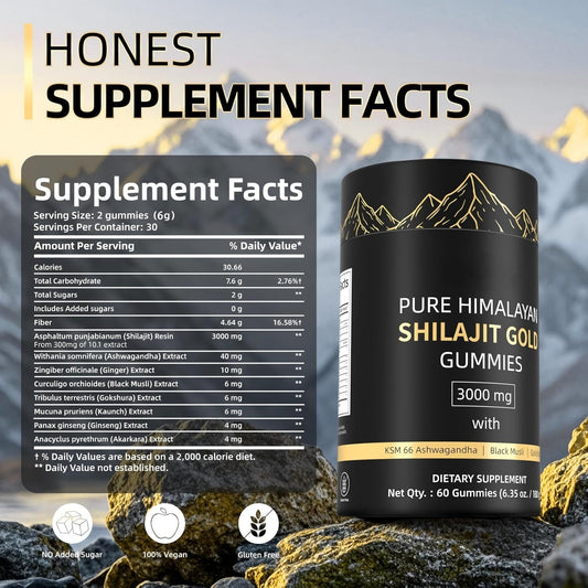 HWAXIGO 3000mg Himalayan Shilajit Gummies Gold bottle back label