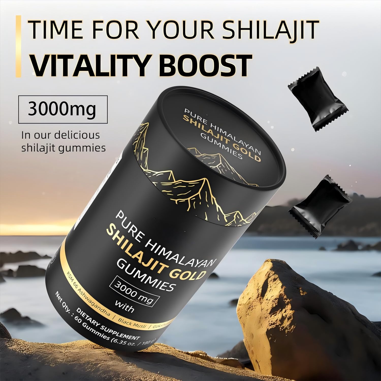 HWAXIGO Shilajit Gummies bottle back label and serving suggestion
