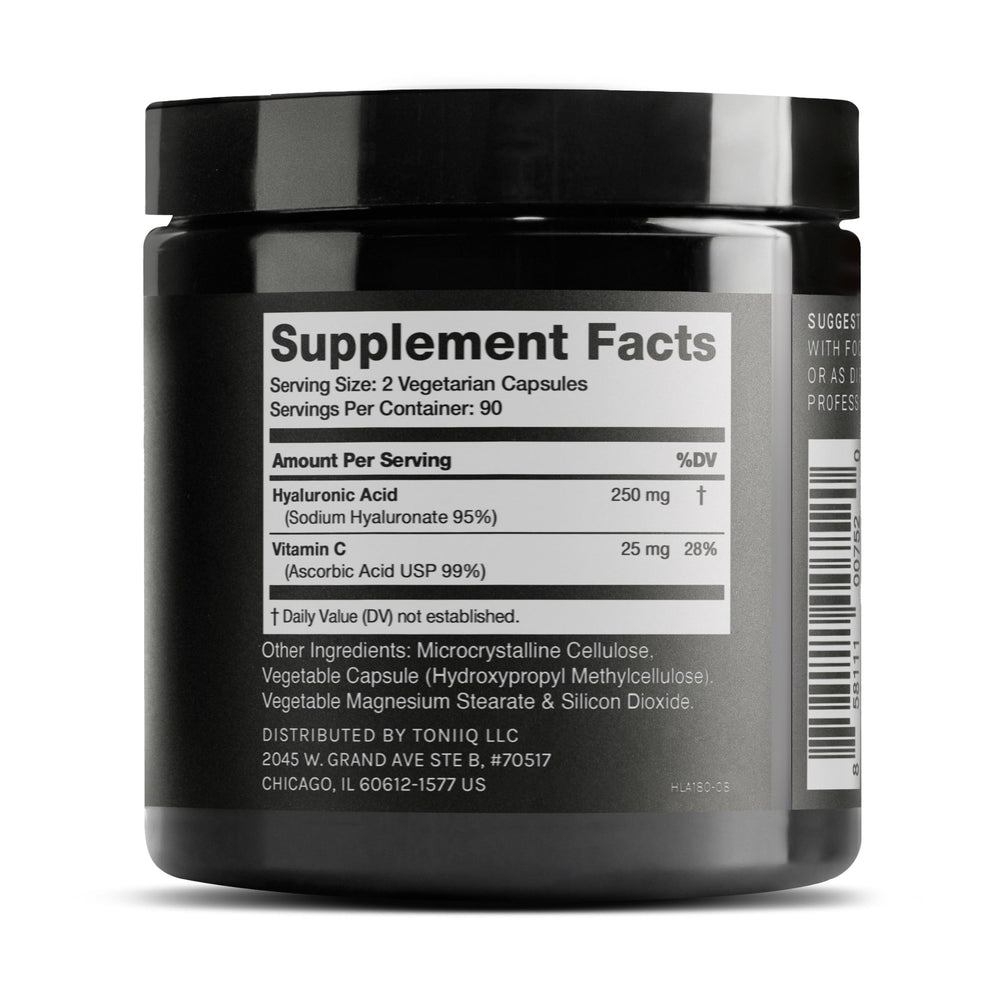 Close-up label on Hyaluronic Acid supplement bottle