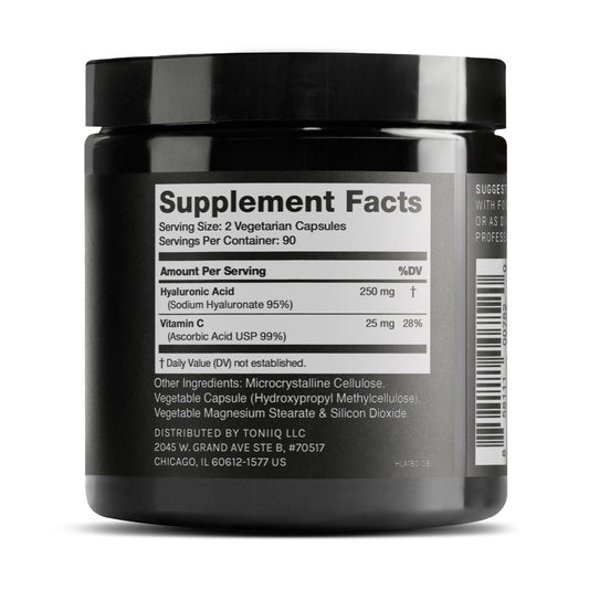 Close-up label on Hyaluronic Acid supplement bottle
