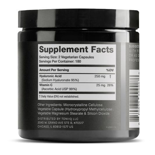 Close-up of Hyaluronic Acid capsule powder, 95% purity lab tested