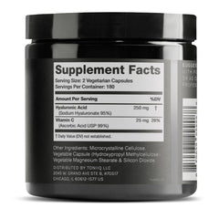 Close-up of Hyaluronic Acid capsule powder, 95% purity lab tested